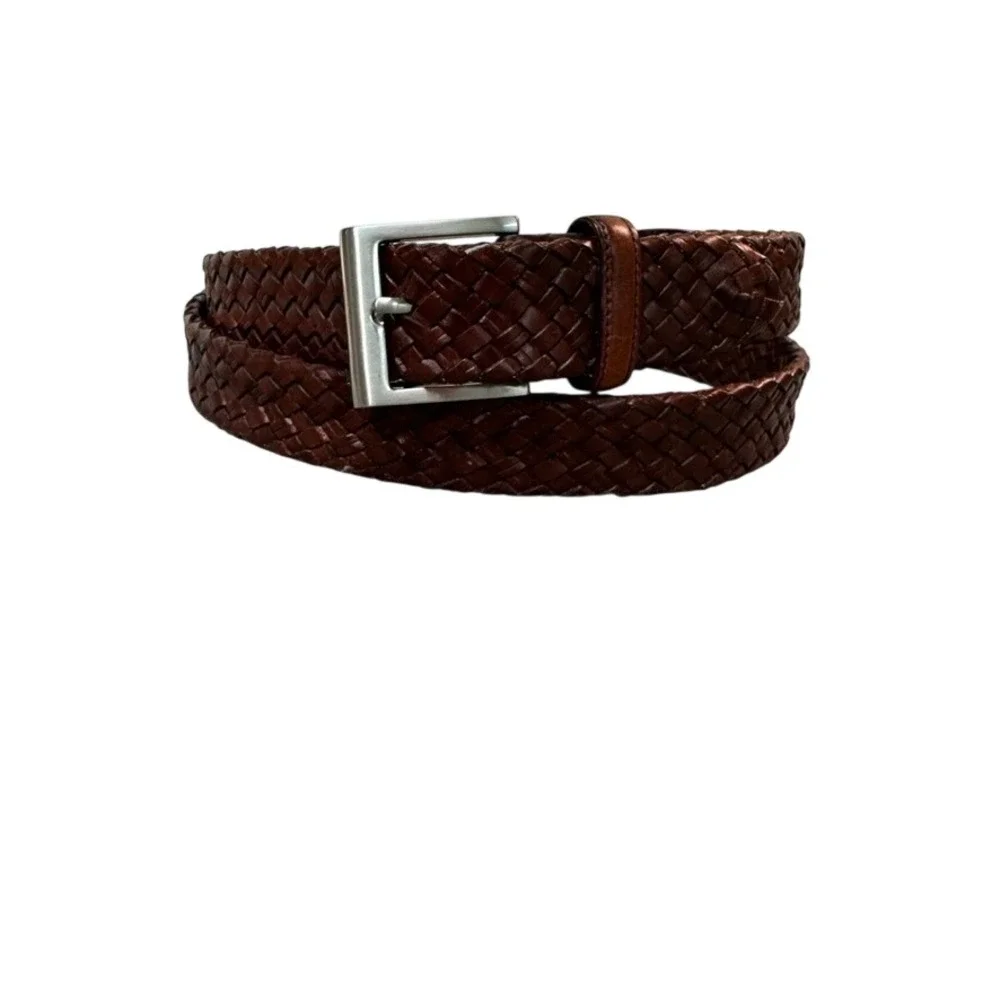 Mens Brown Braided Genuine Leather Belt Size 40 Woven Adjustable Silver Buckle